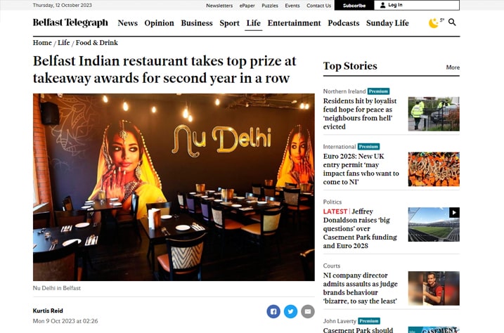 Belfast Indian restaurant takes top prize at takeaway awards for second year in a row