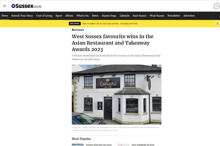 West Sussex favourite wins in the Asian Restaurant and Takeaway Awards 2023