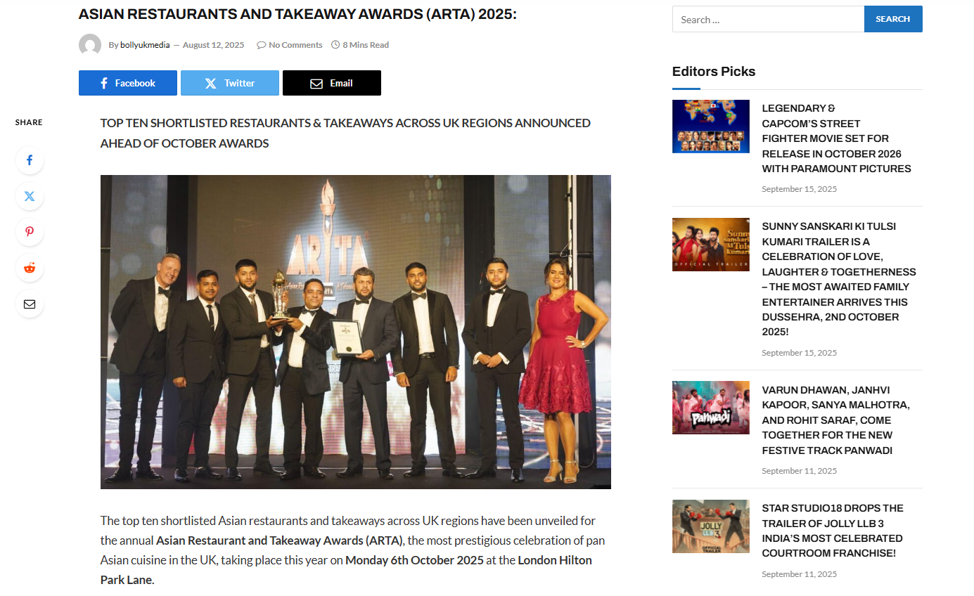 TOP TEN SHORTLISTED RESTAURANTS & TAKEAWAYS ACROSS UK REGIONS ANNOUNCED AHEAD OF OCTOBER AWARDS
