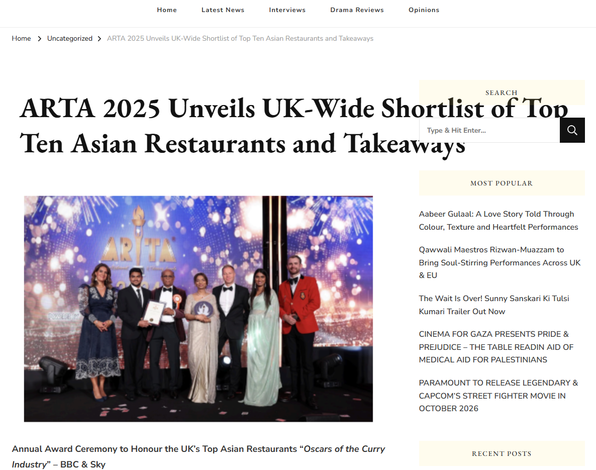 ARTA 2025 Unveils UK-Wide Shortlist of Top Ten Asian Restaurants and Takeaways