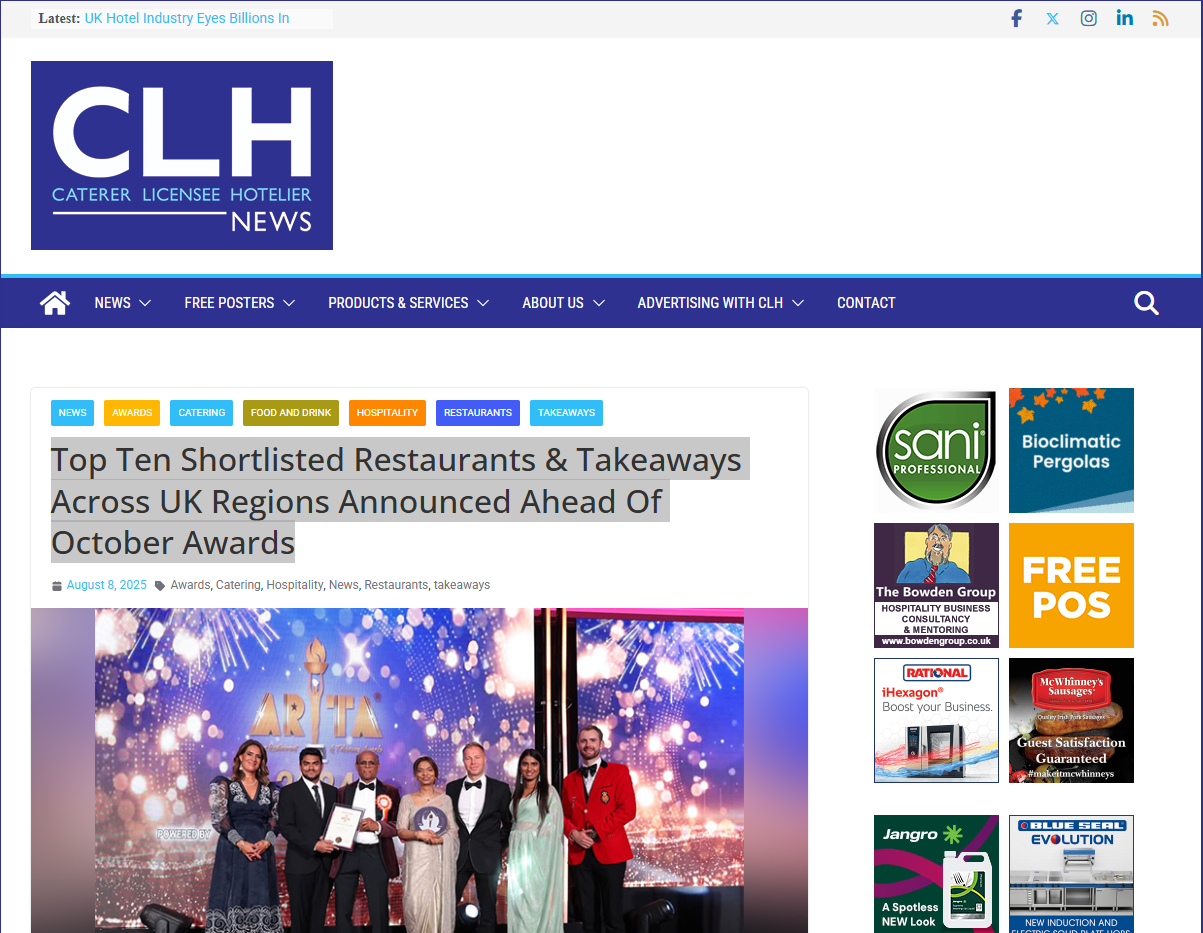Top Ten Shortlisted Restaurants & Takeaways Across UK Regions Announced Ahead Of October Awards