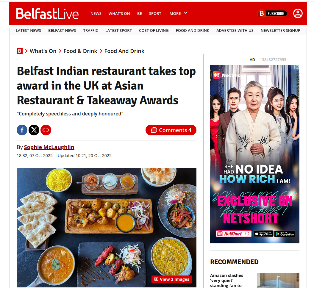 Belfast Indian restaurant takes top award in the UK at Asian Restaurant & Takeaway Awards
